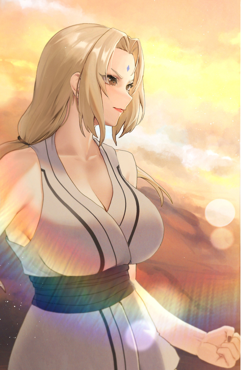 1girl absurdres blonde_hair breasts brown_eyes cleavage clenched_hand closed_mouth cloud collarbone facial_mark forehead_mark from_side hair_intakes highres large_breasts lips long_hair looking_ahead low_twintails naruto naruto_(series) oli_kkwak sash shirt sky sleeveless sleeveless_shirt solo tsunade_(naruto) twintails v-shaped_eyebrows yellow_sky