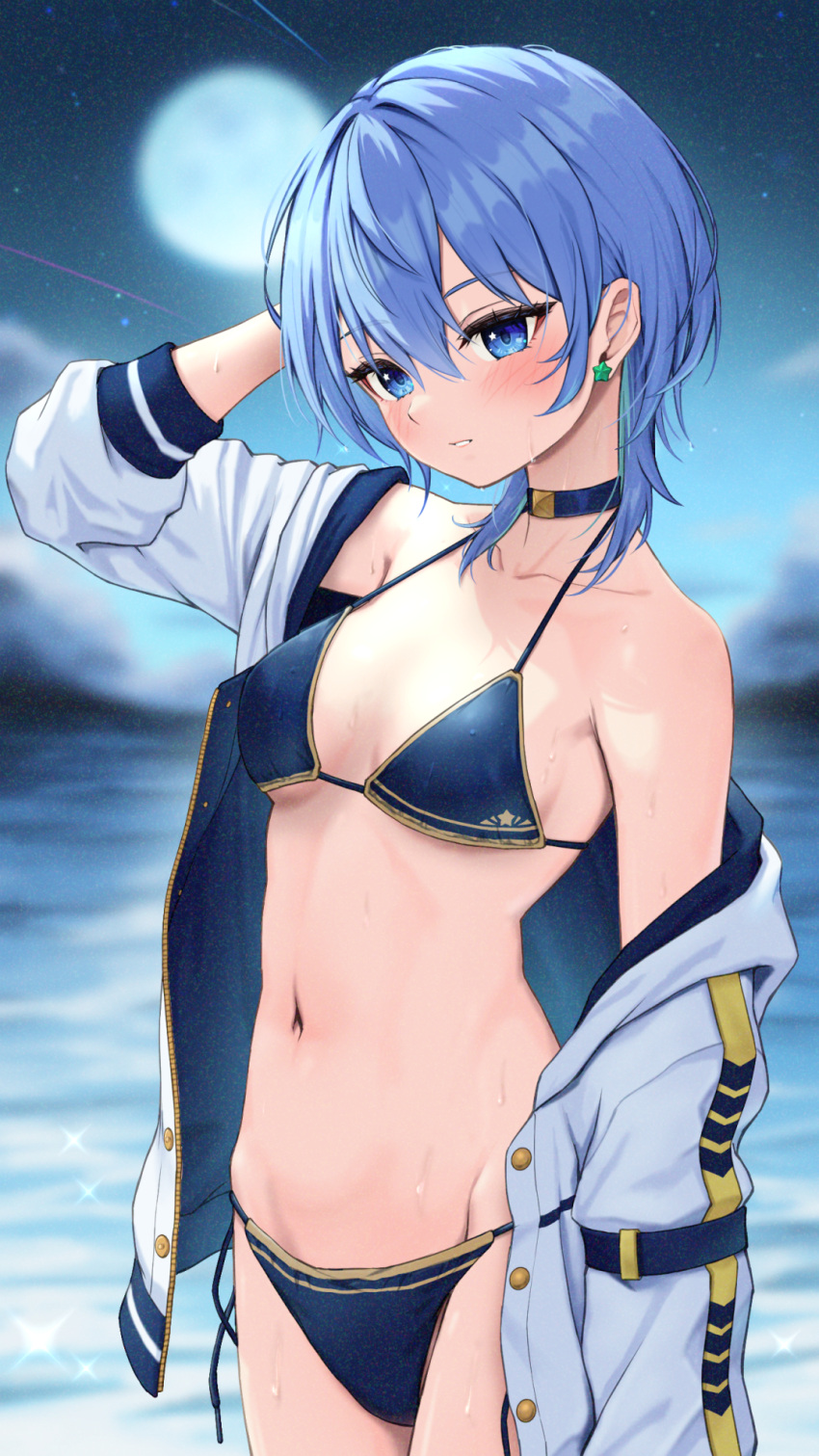 1girl arm_up bikini blue_bikini blue_choker blue_eyes blue_hair bowsan breasts choker collarbone cowboy_shot earrings full_moon highres hololive hoshimachi_suisei jacket jewelry moon navel night night_sky ocean off_shoulder open_clothes open_jacket parted_lips short_hair sky small_breasts solo star_(symbol) star_earrings star_in_eye stud_earrings swimsuit symbol_in_eye virtual_youtuber wet white_jacket