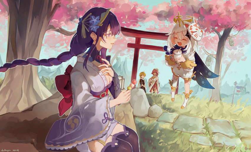 1boy 3girls 8ch110 absurdres aether_(genshin_impact) asymmetrical_legwear black_cape blonde_hair braid braided_ponytail breasts bubble_tea cape cherry_blossoms cleavage closed_eyes cup dango food fox_mask genshin_impact hair_ornament halo hand_on_own_chest highres holding holding_cup holding_food japanese_clothes kimono long_sleeves looking_at_another mask mask_on_head mole mole_under_eye multiple_girls open_mouth outdoors paimon_(genshin_impact) pink_hair purple_eyes purple_hair purple_kimono raiden_shogun romper sanshoku_dango single_braid smile tree wagashi white_hair white_romper yae_miko
