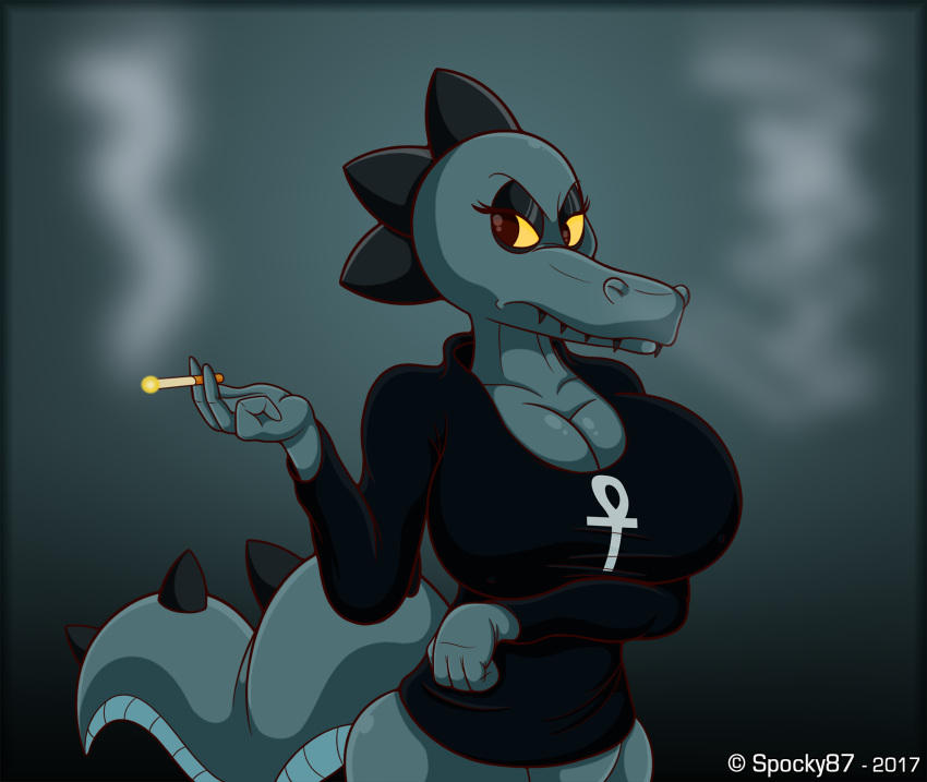 alligator angry annoyed anthro bea_(nitw) big_breasts bottomless breasts cigarette clothed clothing crocodile crocodilian eyelashes female invalid_tag night_in_the_woods reptile scalie smoke smoking solo spocky87
