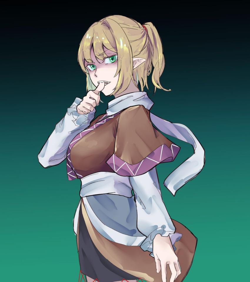 1girl black_background blonde_hair commentary gradient_background green_background green_eyes hair_intakes half_updo highres kanaria_(bocmn) long_sleeves looking_at_viewer mizuhashi_parsee multicolored_clothes pointy_ears scarf short_hair solo touhou white_scarf