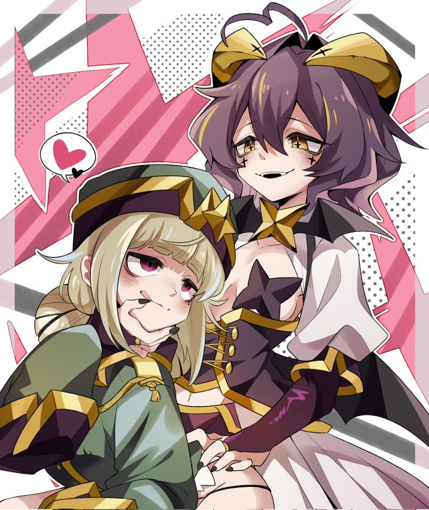 2girls ahoge araga_kiwi bags_under_eyes bat_wings black_corset black_hair black_nails blonde_hair blush bridal_gauntlets commentary_request corset cross-shaped_pupils fangs fingernails green_jacket hair_intakes haitunyoyo hand_on_another's_face hand_on_another's_hip heart heart_ahoge highres hiiragi_utena horns jacket leopard_(mahou_shoujo_ni_akogarete) licking_lips long_fingernails looking_at_another magia_baiser mahou_shoujo_ni_akogarete medium_hair mole mole_under_eye multiple_girls open_mouth purple_eyes smile spoken_heart symbol-shaped_pupils tareme tongue tongue_out wings yellow_eyes yuri