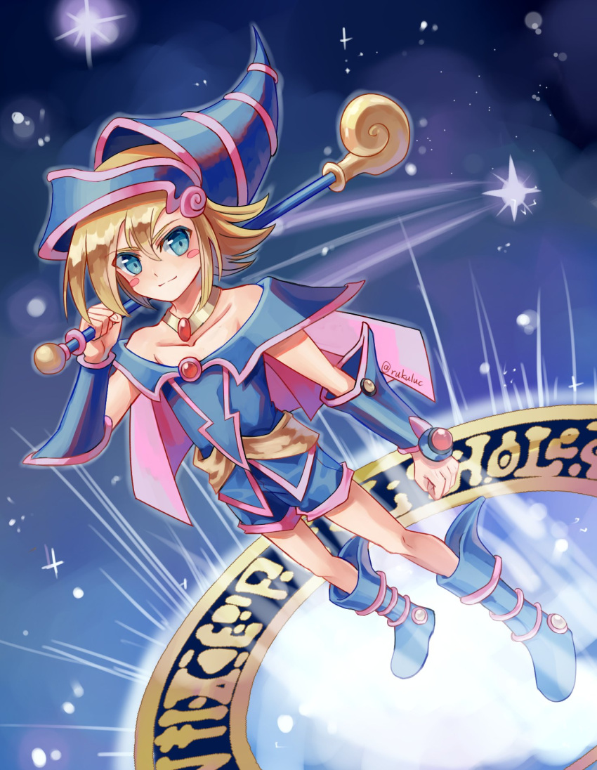 1boy artist_name bare_shoulders blonde_hair blue_eyes blue_footwear blue_headwear boots dark_magician_girl duel_monster full_body genderswap genderswap_(ftm) hair_between_eyes hat highres holding holding_wand legs looking_at_viewer male_focus rukuluc shorts smile solo staff star_(sky) wand wizard_hat yu-gi-oh!