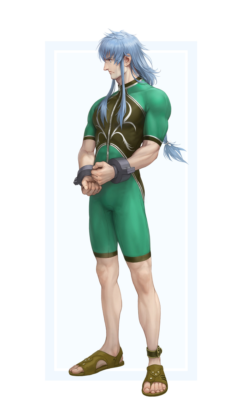 1boy absurdres blue_eyes blue_hair cuffs handcuffs highres kazuko_(towa) long_hair male_focus mature_male muscular muscular_male one-piece_swimsuit regal_bryan sandals swimsuit tales_of_(series) tales_of_symphonia zipper