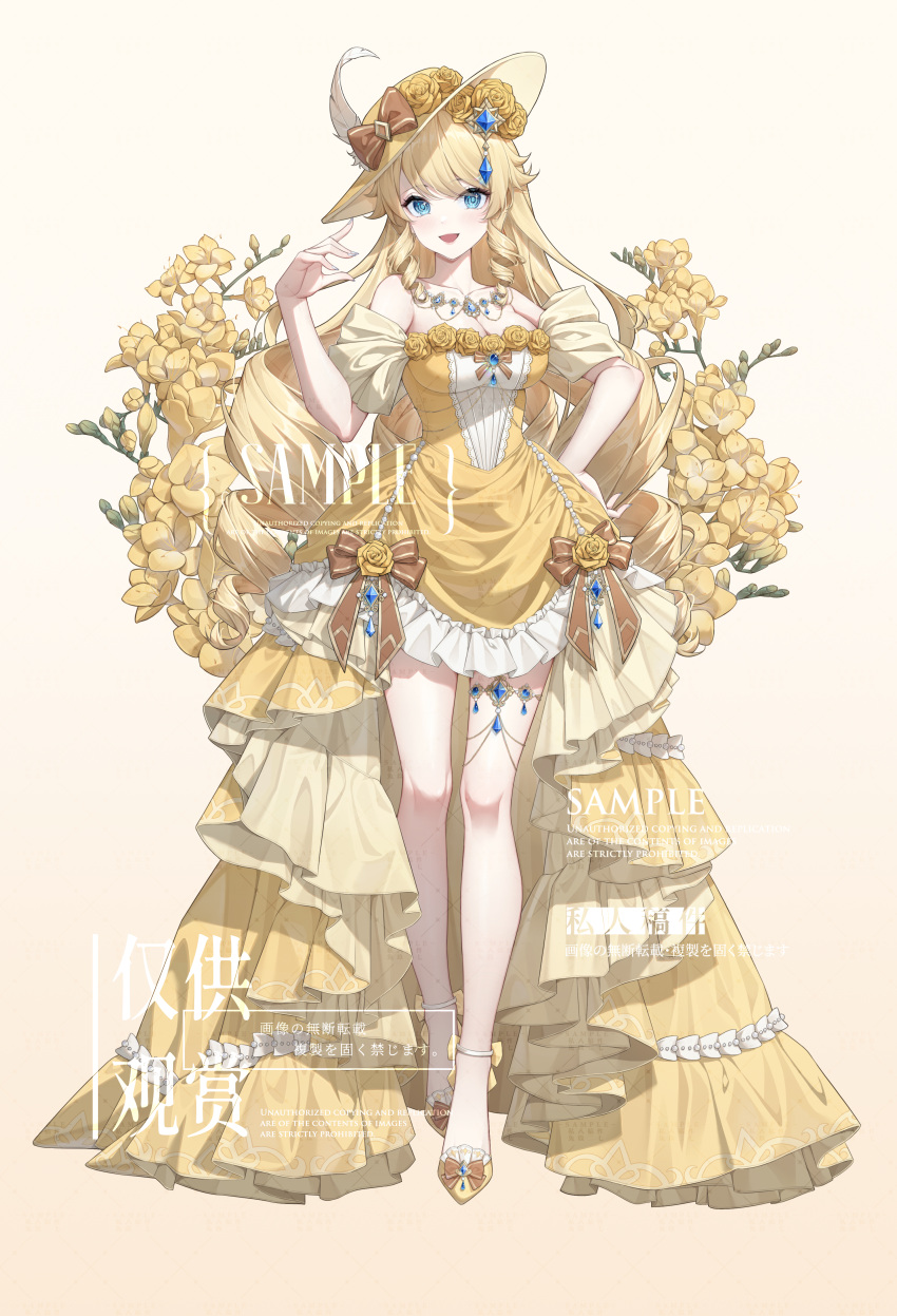 1girl :d absurdres alternate_costume ankle_bow bare_shoulders blonde_hair blue_eyes blue_gemstone bow breasts brown_bow cleavage commentary_request dress dress_bow drill_hair drill_sidelocks floral_background flower flower_trim footwear_bow frilled_dress frills full_body gem genshin_impact hand_on_own_hip hand_up hat hat_bow hat_feather hat_flower high-low_skirt high_heels highres jewelry long_dress long_hair looking_at_viewer medium_breasts navia_(genshin_impact) necklace off-shoulder_dress off_shoulder rose sample_watermark short_sleeves sidelocks simple_background smile solo standing swept_bangs thighlet tilted_headwear tujiu_sama watermark yellow_bow yellow_dress yellow_flower yellow_footwear yellow_headwear yellow_rose