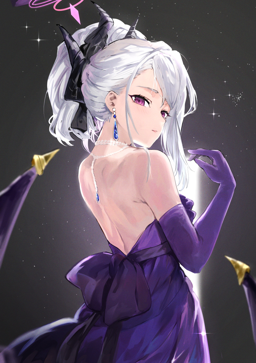1girl absurdres back backless_outfit bare_back bare_shoulders black_background black_horns blue_archive closed_mouth demon_horns dress earrings elbow_gloves from_behind gloves halo hanasawa_(pixiv53877974) hand_up highres hina_(blue_archive) hina_(dress)_(blue_archive) horns jewelry long_hair looking_at_viewer looking_back multiple_horns necklace official_alternate_costume official_alternate_hairstyle pink_eyes purple_dress purple_gloves solo white_hair
