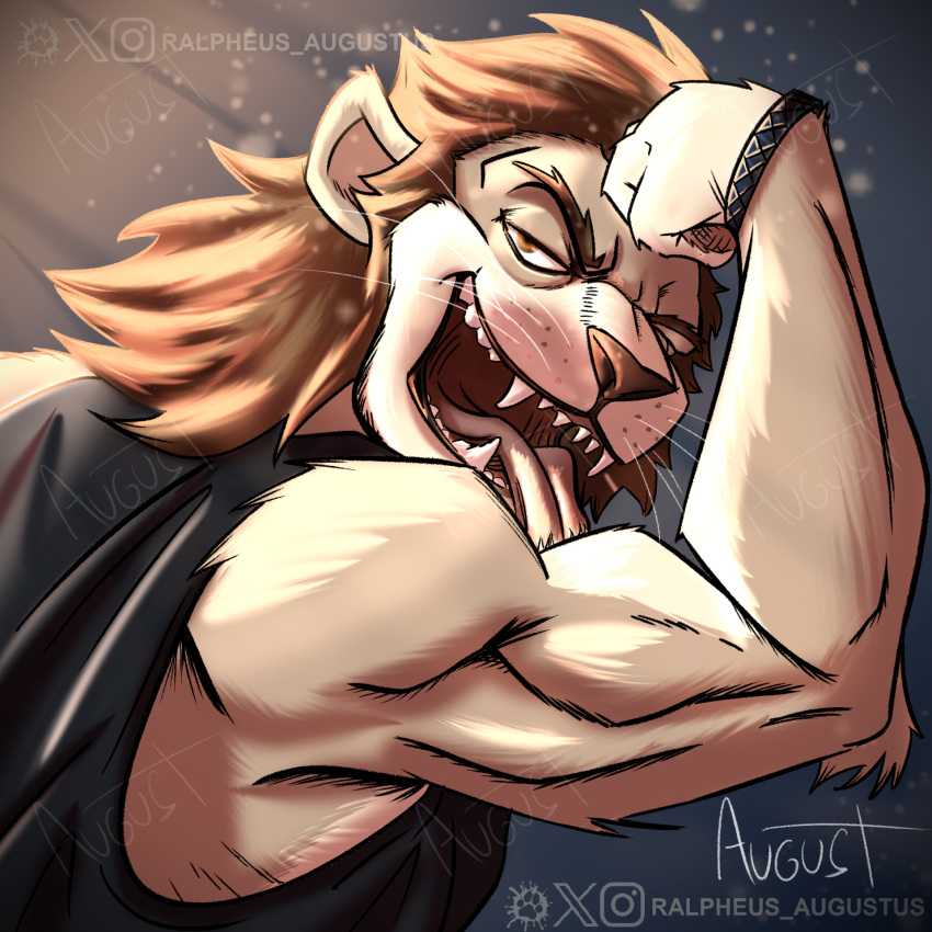 2023 ahjost anthro armor bedroom_eyes bracers brown_hair clothed clothing digital_media_(artwork) fangs felid feline flexing fur furaffinity hair hi_res instagram lion male mammal mane muscular muscular_male narrowed_eyes pantherine pose seductive shirt signature simple_background solo tan_body tan_fur tank_top teeth tongue tongue_out topwear twitter watermark