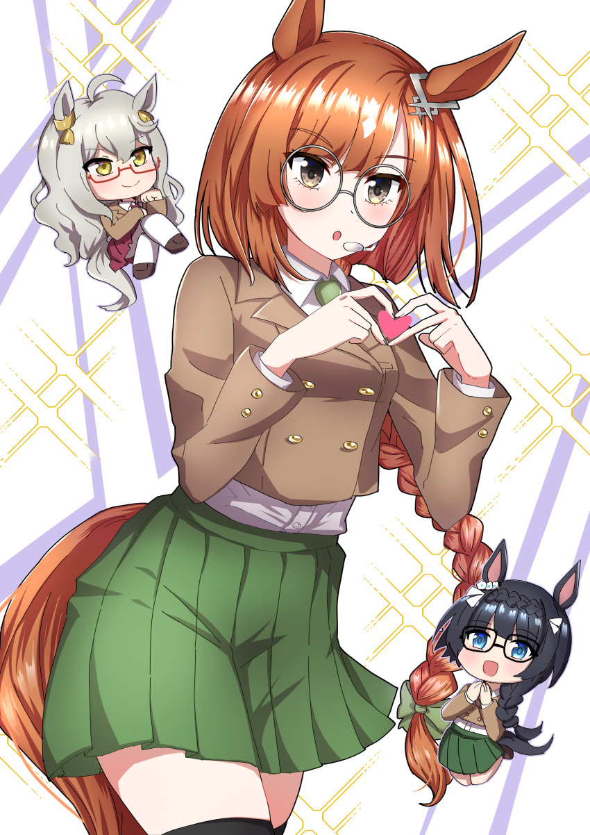 3girls :o absurdres ahoge animal_ears biwa_hayahide_(umamusume) black-framed_eyewear black_hair black_thighhighs blazer bob_cut braid braided_ponytail brown_hair brown_jacket casual chibi closed_mouth commentary cowboy_shot cropped_jacket crossed_legs crown_braid dress_shirt ear_ornament glasses green_necktie green_ribbon green_skirt grey-framed_eyewear grey_hair hair_ribbon headset heart heart_hands highres horse_ears horse_girl horse_tail idol ikuno_dictus_(umamusume) jacket ka_(ka_p019) legs_up long_hair looking_at_another looking_at_viewer mini_person minigirl miniskirt multiple_girls necktie open_mouth pantyhose pleated_skirt red-framed_eyewear red_skirt ribbon round_eyewear semi-rimless_eyewear shirt single_braid skirt smile sparkle standing symbol-only_commentary tail thighhighs trait_connection umamusume under-rim_eyewear white_pantyhose white_shirt wing_collar yellow_eyes zenno_rob_roy_(umamusume)