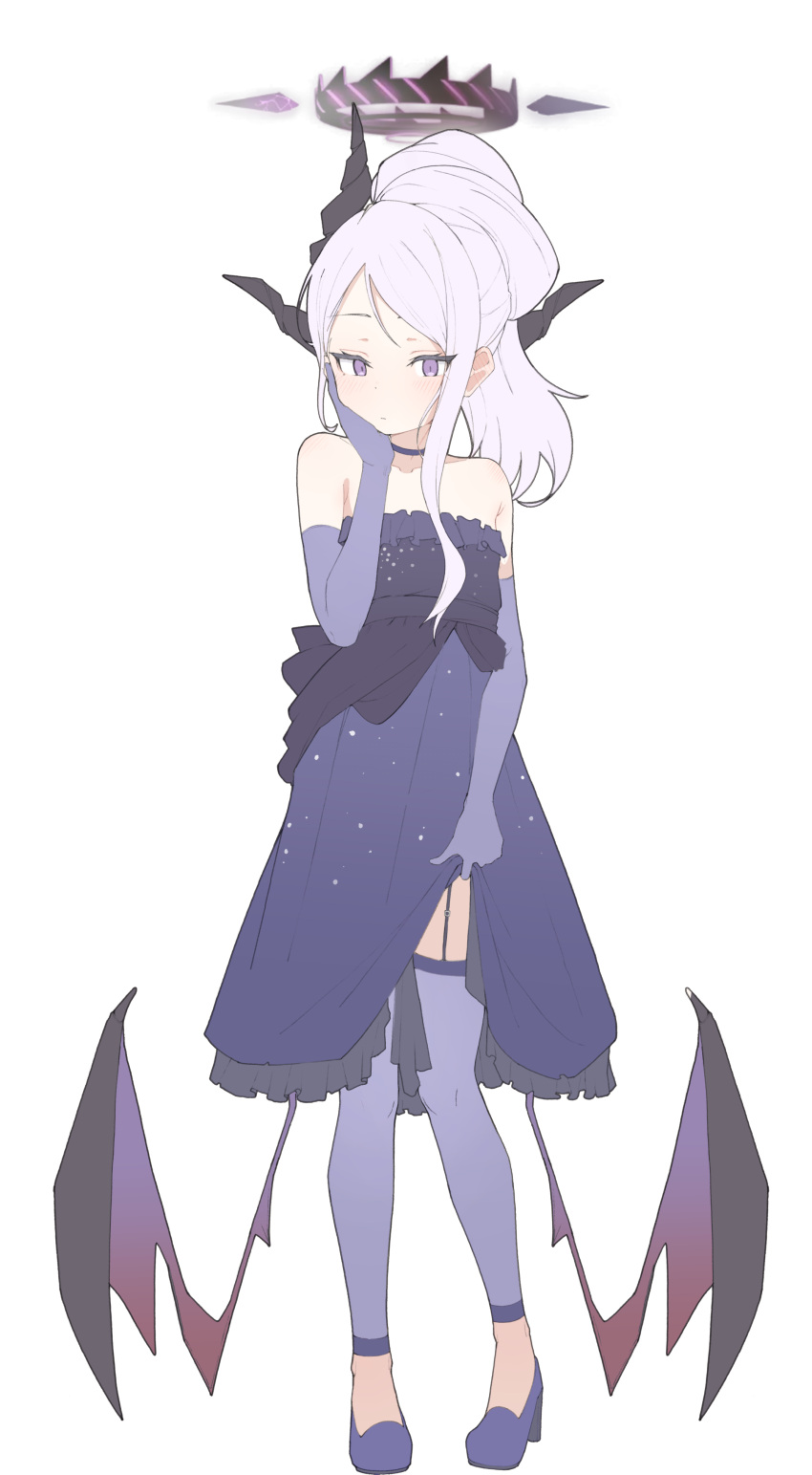 1girl absurdres black_horns blue_archive blush closed_mouth demon_horns demon_wings dress elbow_gloves full_body garter_straps gloves grey_hair halo high_heels highres hina_(blue_archive) hina_(dress)_(blue_archive) horns leggings long_hair multiple_horns official_alternate_costume official_alternate_hairstyle purple_dress purple_eyes purple_footwear purple_gloves purple_leggings purple_wings s10021 simple_background solo strapless strapless_dress white_background wings