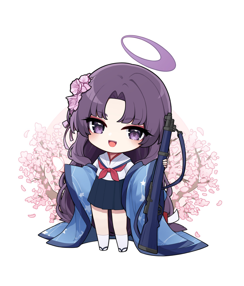 1girl absurdres banana_(banana_draw) black_skirt blue_archive blush cherry_blossoms chibi flower full_body gun hair_flower hair_ornament halo haori highres holding holding_gun holding_weapon japanese_clothes long_hair long_sleeves looking_at_viewer neckerchief open_mouth pink_flower pleated_skirt purple_eyes purple_hair purple_halo red_neckerchief sailor_collar school_uniform serafuku simple_background skirt smile socks solo weapon white_background white_sailor_collar white_socks wide_sleeves yukari_(blue_archive)