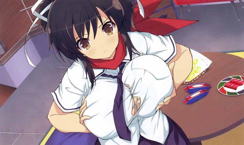 1girl asuka_(senran_kagura) bikini black_hair blue_necktie blush breast_lift breasts breasts_squeezed_together brown_eyes candy candy_wrapper chest_of_drawers chocolate chocolate_bar cleavage food front-tie_bikini_top front-tie_top frown game_cg grabbing grabbing_own_breast hair_ribbon hanzou_academy_uniform highres indoors large_breasts meat multicolored_bikini multicolored_clothes multicolored_stripes necktie official_art omelet omurice plate ponytail rainbow_bikini red_scarf ribbon rice scarf senran_kagura senran_kagura_shoujo-tachi_no_shin'ei shirt short_hair short_ponytail skirt solo standing striped_bikini striped_clothes swimsuit table tile_floor tiles white_ribbon wooden_floor wrapped_candy yaegashi_nan