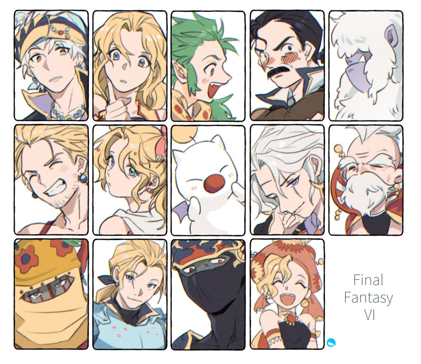 blonde_hair blue_eyes blue_headband celes_chere cyan_garamonde earrings edgar_roni_figaro final_fantasy final_fantasy_vi garbage_paper gau gogo green_hair grey_hair headband highres jewelry locke_cole long_hair mog moogle multiple_boys multiple_girls ponytail relm_arrowny ribbon sabin_rene_figaro setzer_gabbiani shadow_(ff6) short_hair smile strago_magus terra_branford umaro