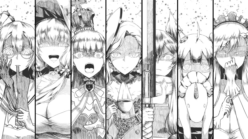 absurdres azur_lane bad_id bad_twitter_id belfast_(azur_lane) breasts cleavage commentary_request cup doll edinburgh_(azur_lane) glasses glove_in_mouth gloves hair_ornament highres hood hood_(azur_lane) huge_breasts illustrious_(azur_lane) long_hair looking_at_viewer monochrome mouth_hold multiple_girls namesake open_mouth parka_(summersketch) queen_elizabeth_(azur_lane) sword teacup unicorn_(azur_lane) warspite_(azur_lane) weapon