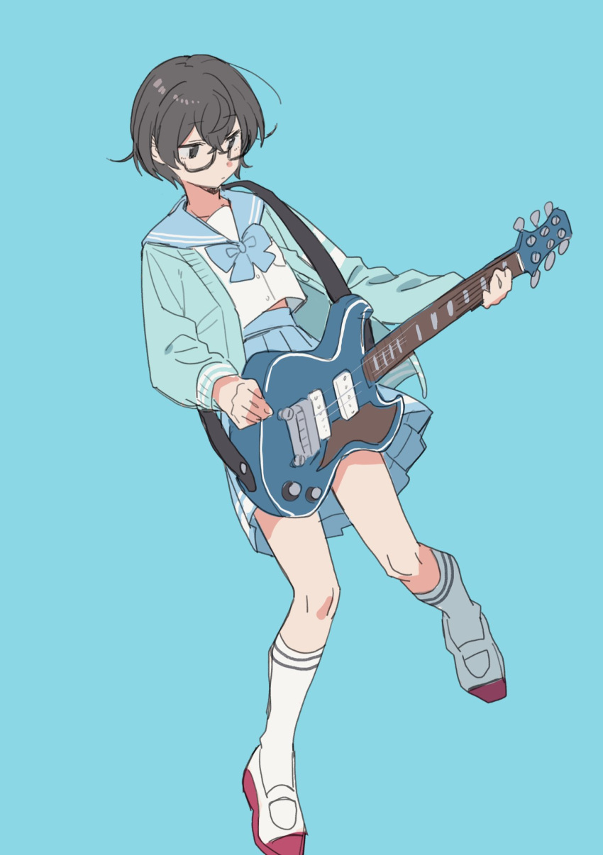 1girl alternate_hairstyle aqua_jacket black-framed_eyewear black_eyes black_hair blue_background blue_ribbon blue_sailor_collar blue_skirt cevio electric_guitar glasses guitar hanakuma_chifuyu highres holding holding_guitar holding_instrument holding_plectrum instrument jacket music playing_instrument pleated_skirt plectrum red_footwear ribbon sailor_collar semi-rimless_eyewear shirt short_hair skirt socks solo synthesizer_v teshima_nari white_footwear white_shirt