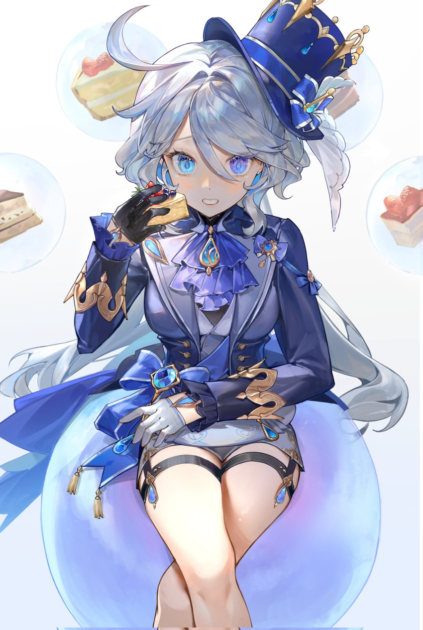 1girl arm_on_thigh arrrrrry1 ascot asymmetrical_gloves black_gloves blue_ascot blue_gemstone blue_headwear blue_jacket breasts cake cake_slice clenched_teeth corrupted_twitter_file cowboy_shot cowlick crossed_legs floating floating_object food food_request frown furina_(genshin_impact) gem genshin_impact gloves grey_hair hat highres holding holding_food jacket long_bangs long_hair looking_at_viewer medium_breasts mismatched_gloves on_bubble open_mouth shorts simple_background sitting solo teeth thigh_strap top_hat wavy_hair white_background white_gloves white_shorts