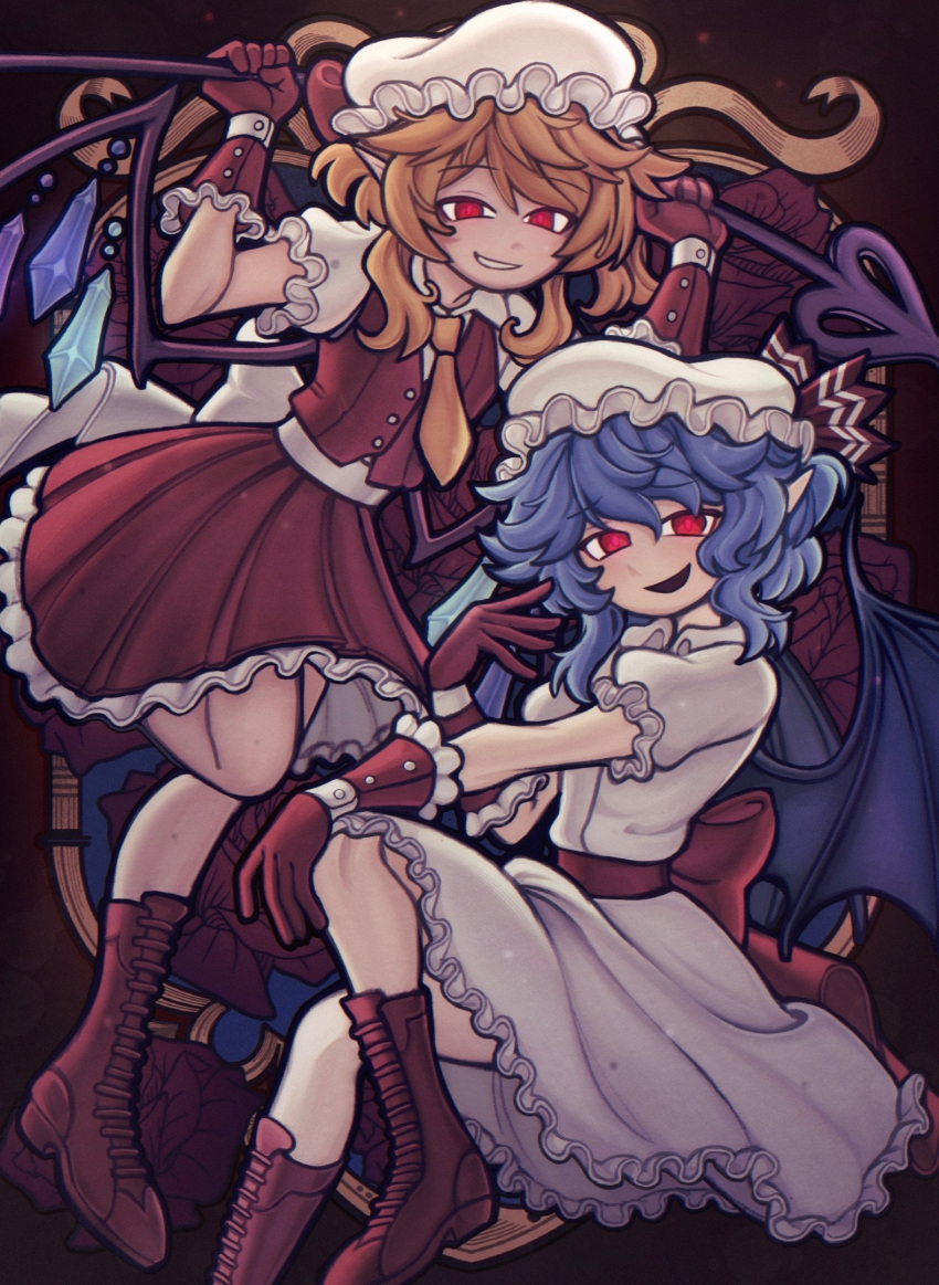 2girls ascot back_bow bat_wings blonde_hair blue_hair boots bow brown_footwear collared_shirt cross-laced_footwear crystal flandre_scarlet frilled_gloves frilled_skirt frills gloves glowing glowing_eyes hand_up hat hat_ribbon highres lace-up_boots laevatein_(touhou) looking_at_viewer medium_hair mob_cap multiple_girls pointy_ears puffy_short_sleeves puffy_sleeves red_bow red_eyes red_gloves red_skirt red_vest remilia_scarlet ribbon russian_commentary sadcringe8 shirt short_sleeves skirt smug touhou vest white_bow white_headwear white_shirt white_skirt wings yellow_ascot