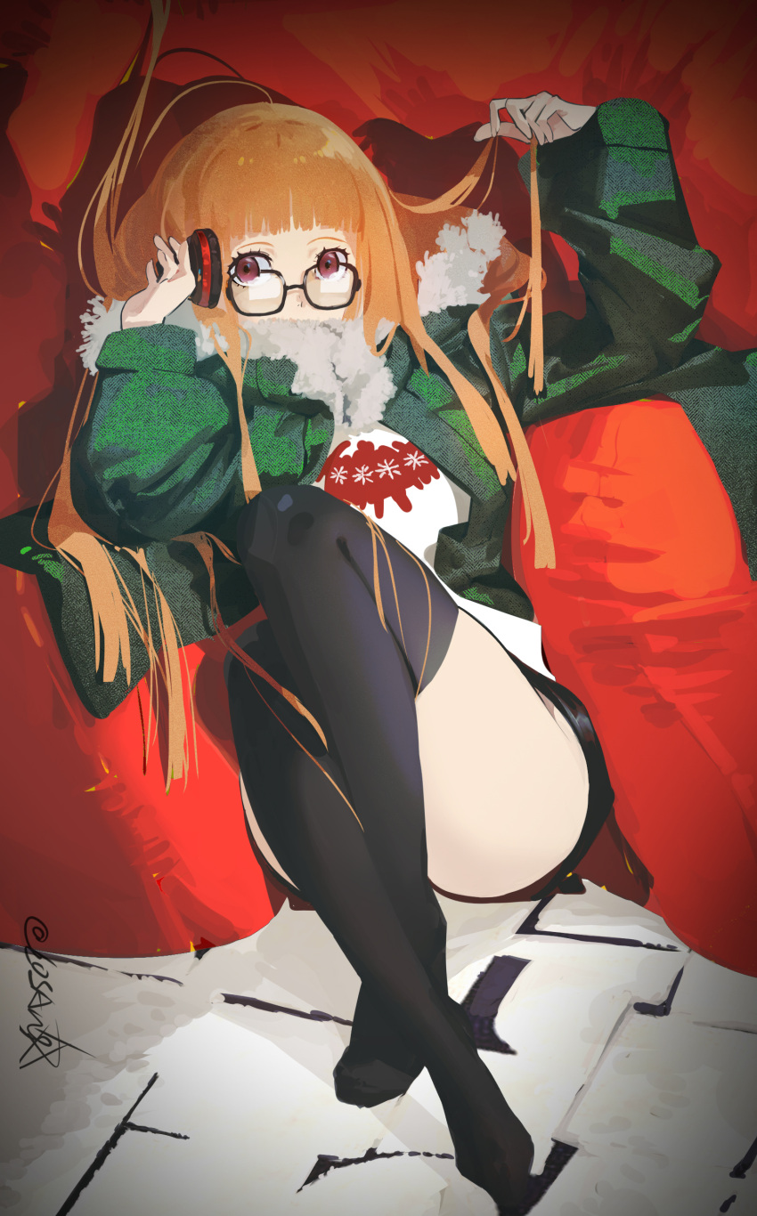 1girl absurdres ahoge behind-the-head_headphones black_shorts black_thighhighs blunt_bangs crossed_ankles cushion full_body fur-trimmed_jacket fur_trim glasses green_jacket headphones highres jacket long_hair looking_at_viewer luo29541090 no_shoes orange_hair persona persona_5 purple_eyes sakura_futaba shirt short_shorts shorts signature sitting solo thighhighs thighs white_shirt
