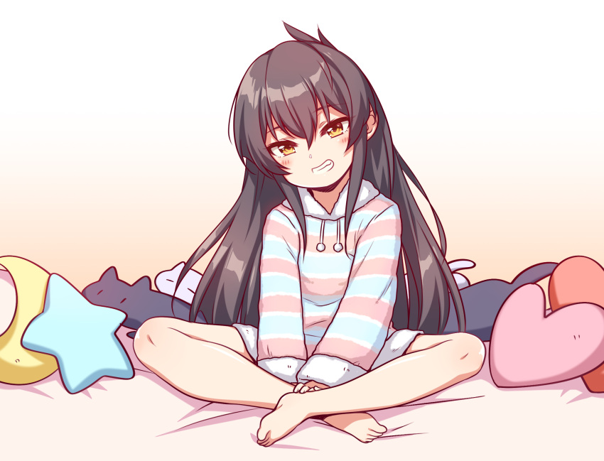 1girl barefoot bed_sheet black_hair blush commentary_request drawstring fang flat_chest fuu_(koneko_no_yomeiri) grin hair_between_eyes heart heart-shaped_pillow highres idolmaster idolmaster_cinderella_girls legs long_hair long_sleeves looking_at_viewer matoba_risa on_bed pajamas pillow shorts sidelocks simple_background sitting smile solo star-shaped_pillow striped_clothes striped_pajamas stuffed_animal stuffed_cat stuffed_toy yellow_eyes