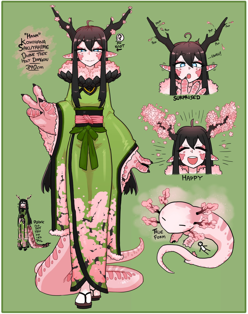 absurdres antennae axolotl blue_eyes cherry_blossom_print cherry_blossoms claws closed_eyes english_commentary floral_print full_body green_background highres japanese_clothes kimono long_hair neck open_mouth original pointy_ears sandals smile tail tenk v