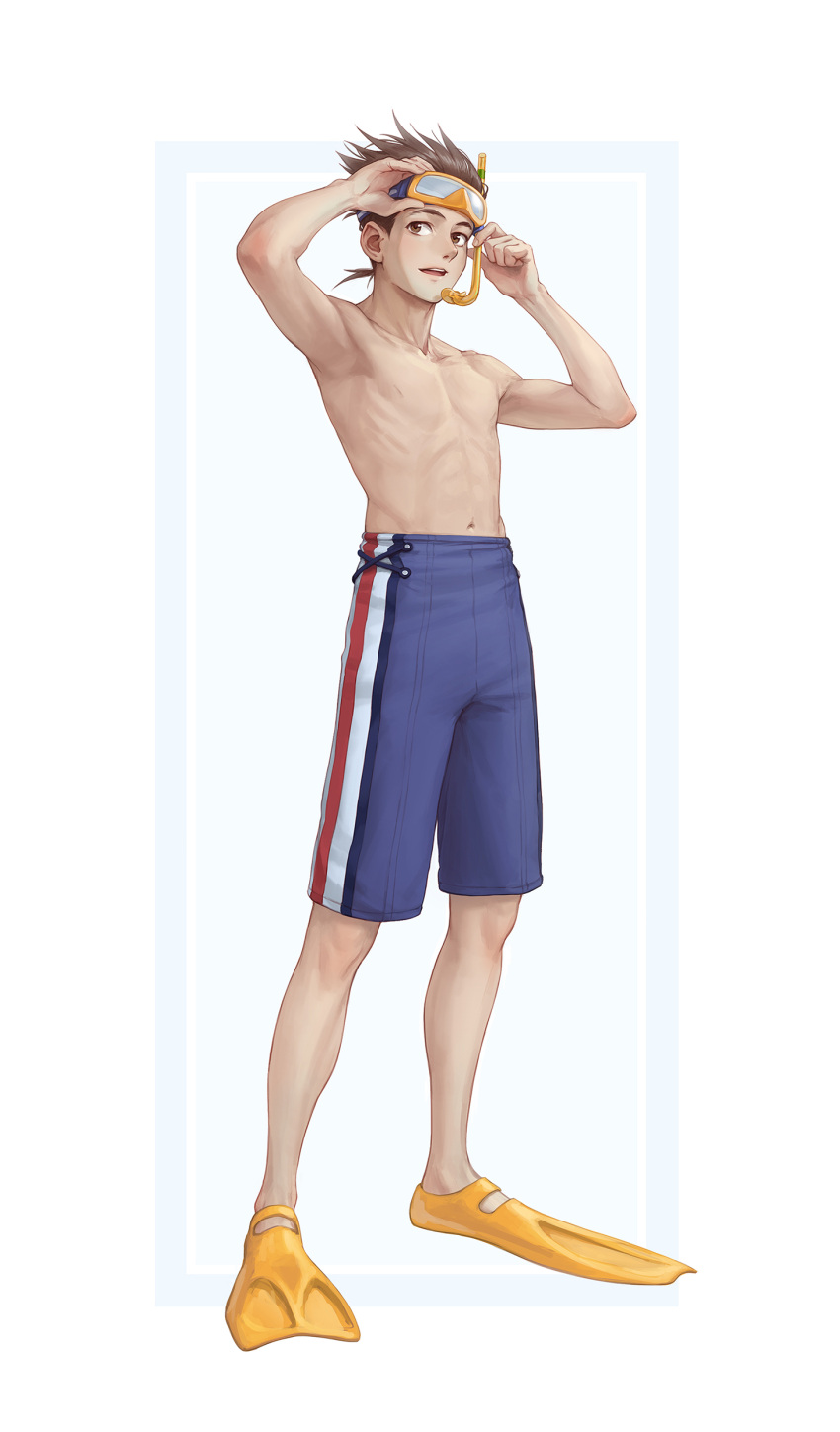 1boy absurdres blue_male_swimwear brown_eyes brown_hair diving_mask flippers goggles highres kazuko_(towa) lloyd_irving lloyd_irving_(beach_boy) looking_to_the_side male_focus male_swimwear open_mouth simple_background snorkel swimsuit tales_of_(series) tales_of_symphonia topless_male