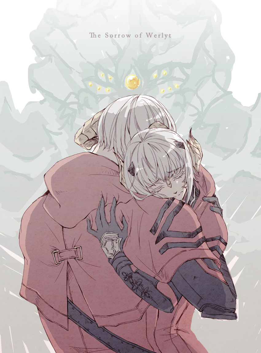 1boy 1girl alfonse_(ff14) allie_(ff14) au_ra belt black_gloves brother_and_sister closed_eyes coat copyright_name diamond_weapon english_text final_fantasy final_fantasy_xiv gauntlets gloves highres hood hood_down horns hug red_coat sad siblings white_horns white_scales yuzuriko_red