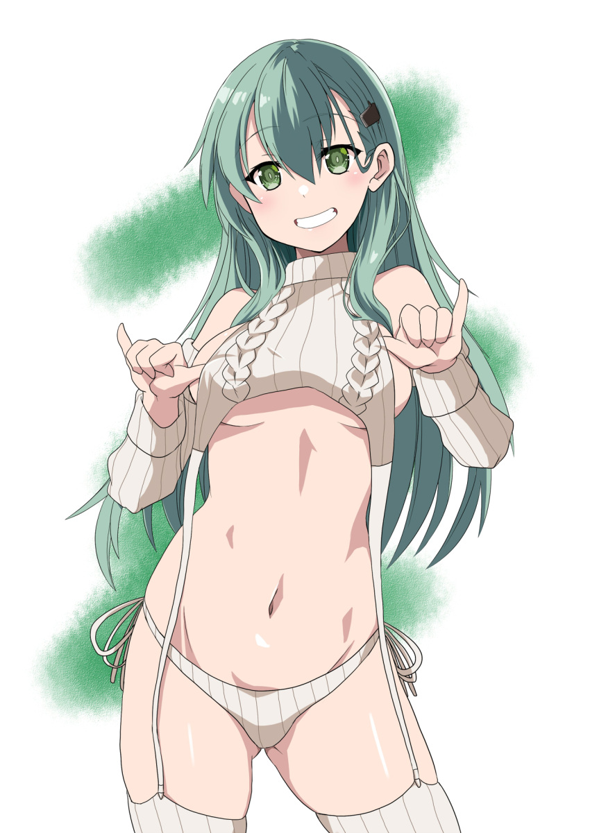 1girl \m/ aqua_hair breasts cropped_sweater detached_sleeves double_\m/ garter_straps green_eyes grin hair_ornament hairclip highres hinase_(jet_hearts) kantai_collection long_hair looking_at_viewer medium_breasts meme_attire panties ribbed_legwear ribbed_panties ribbed_sleeves ribbed_sweater ribbed_thighhighs side-tie_panties sleeveless sleeveless_sweater sleeveless_turtleneck smile solo standing suzuya_(kancolle) sweater turtleneck turtleneck_sweater underwear virgin_destroyer_sweater white_garter_straps white_panties white_sweater