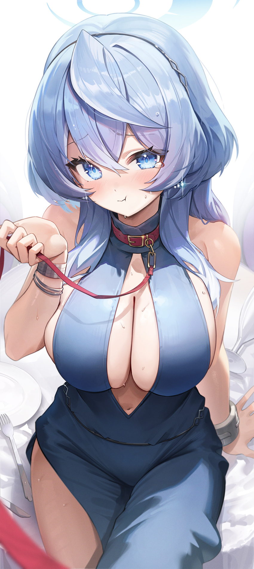 1girl absurdres ako_(blue_archive) ako_(dress)_(blue_archive) animal_collar black_hairband blue_archive blue_dress blue_eyes blue_hair blue_halo blush breasts closed_mouth collar cowboy_shot cuffs cup dress earrings fork hair_between_eyes hairband halo handcuffs highres hutosutoro jewelry large_breasts long_hair looking_at_viewer navel official_alternate_costume plate sideboob sitting sleeveless sleeveless_dress solo sweat
