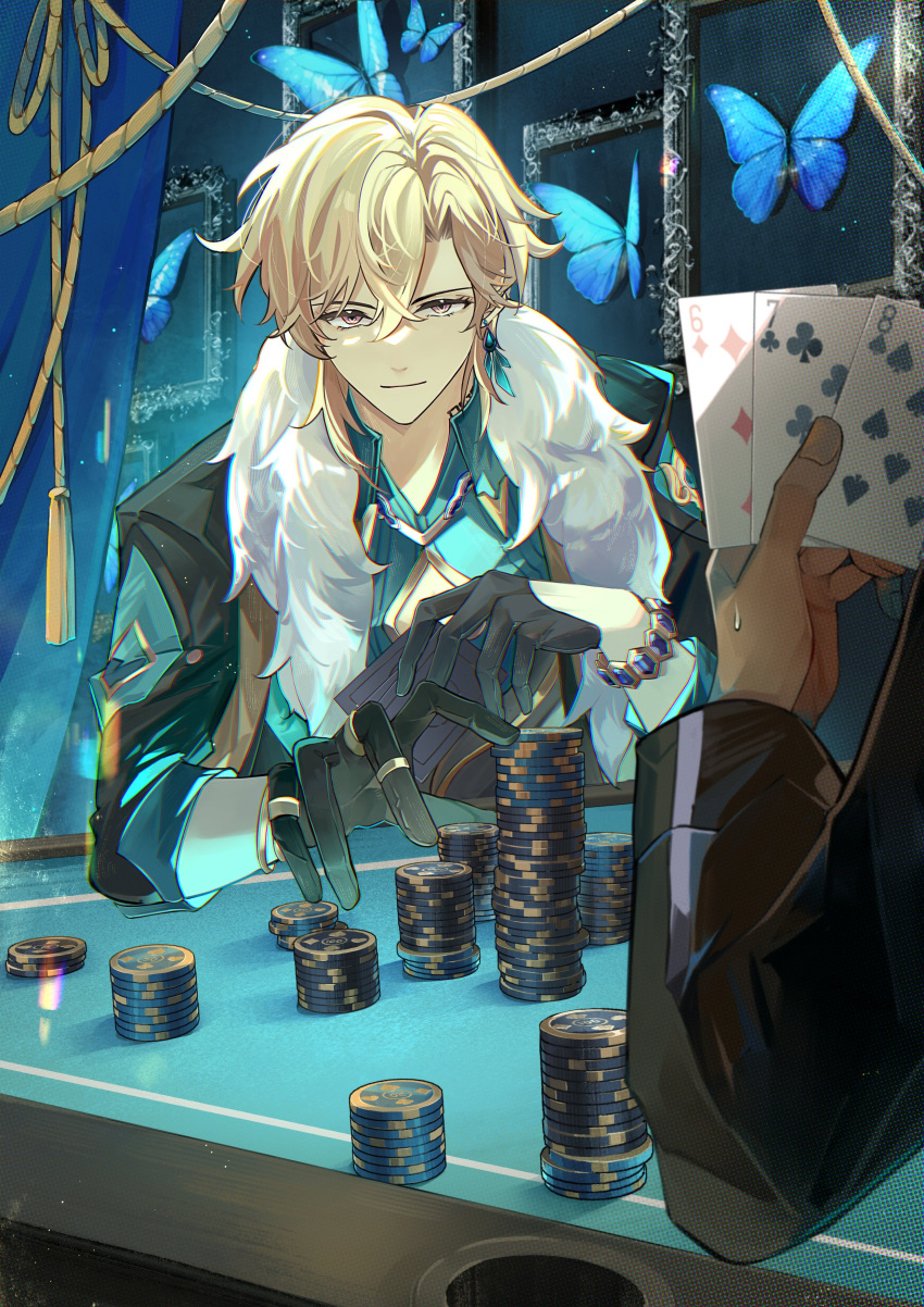 2boys absurdres aqua_shirt aqua_theme aventurine_(honkai:_star_rail) black_gloves blonde_hair bracelet closed_mouth collared_shirt ear_piercing earrings framed_insect fur_trim gloves hair_between_eyes highres honkai:_star_rail honkai_(series) jewelry male_focus multiple_boys piercing poker_chip poker_table purple_eyes ring shirt short_hair solo_focus suyako_(suya93) table