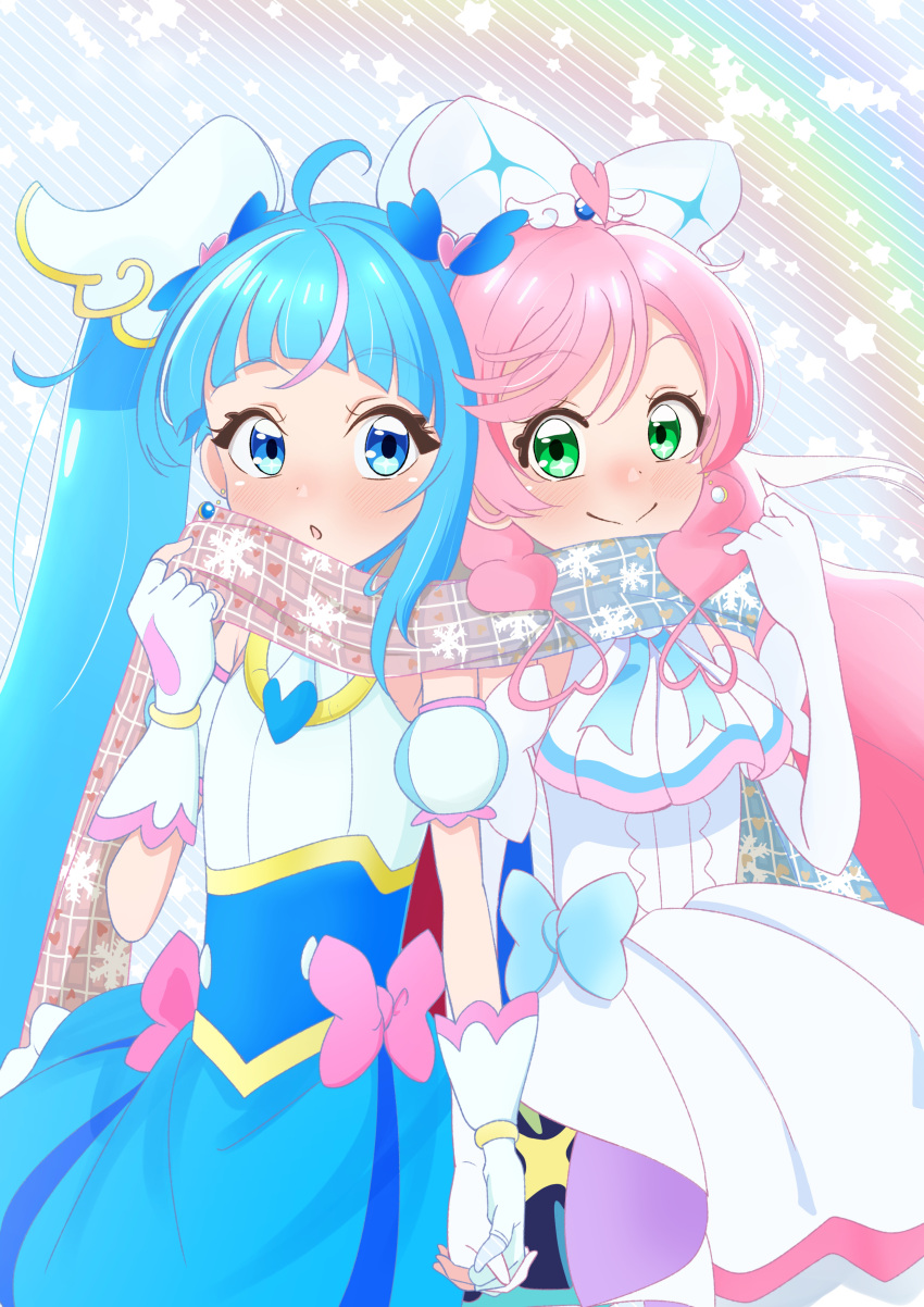 2girls :o absurdres ahoge akizora_(aki_precure) ascot blue_dress blue_eyes blue_hair blush bow braid brooch closed_mouth cure_prism cure_sky detached_sleeves dress dress_bow earrings elbow_gloves fingerless_gloves gloves green_eyes hair_bow highres hirogaru_sky!_precure holding_hands jewelry long_hair looking_at_viewer magical_girl multicolored_hair multiple_girls nijigaoka_mashiro open_mouth pink_hair precure print_scarf puffy_detached_sleeves puffy_sleeves rainbow_background scarf shared_clothes shared_scarf side-by-side side_braid single_earring single_sidelock sleeveless sleeveless_dress smile snowflake_print sora_harewataru starry_background streaked_hair twin_braids twintails two-tone_hair very_long_hair white_ascot white_bow white_dress white_gloves wing_hair_ornament