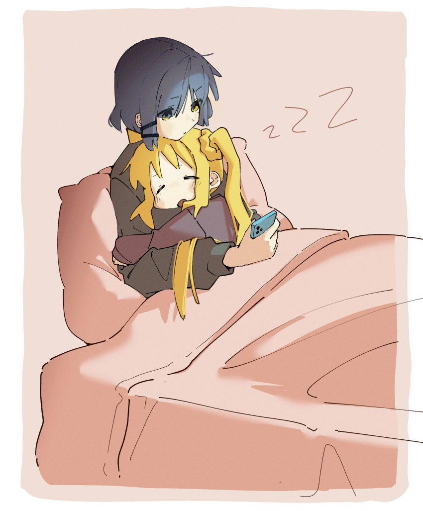 2girls absurdres ahoge blanket blonde_hair blue_hair blush bocchi_the_rock! cellphone closed_eyes cuddling detached_ahoge highres holding holding_phone hug ijichi_nijika machuuu68 multiple_girls one_side_up open_mouth phone pillow simple_background sleeping smartphone under_covers yamada_ryo yellow_eyes yuri zzz