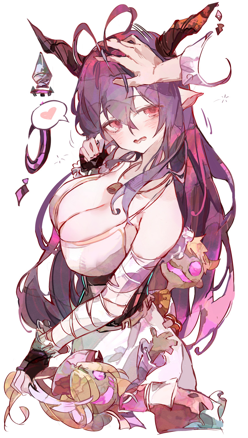 1boy 1girl absurdres antenna_hair bandaged_arm bandages black_hair blush breasts cleavage cocoballking commission danua doll draph dress fingerless_gloves gloves granblue_fantasy heart highres horn_ornament horns jewelry large_breasts long_hair necklace open_mouth pixiv_commission pointy_ears red_eyes white_background white_dress