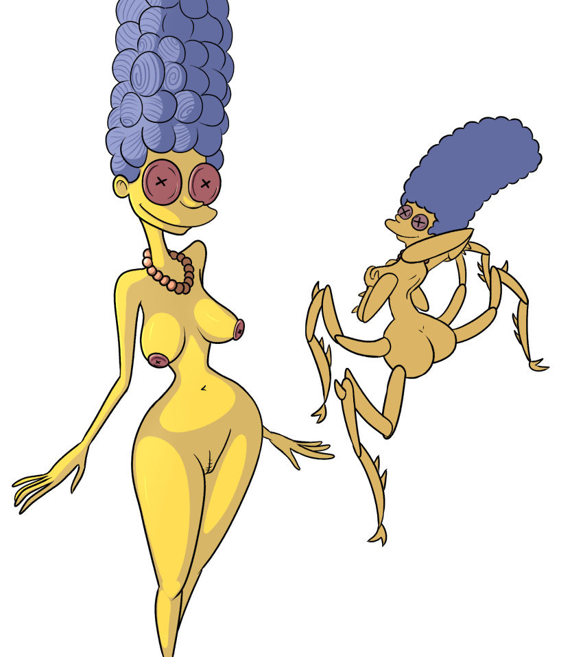 2023 4_arms 4_legs animal_humanoid arachnid arachnid_humanoid arthropod arthropod_humanoid blue_hair breasts butt button_(fastener) coraline_(film) curvy_figure female genitals hair hi_res holding_breast hourglass_figure human humanoid impstripe jewelry mammal marge_simpson multi_arm multi_limb necklace nipples nude pussy simple_background smile solo spider_humanoid the_simpsons treehouse_of_horror white_background yellow_body yellow_skin
