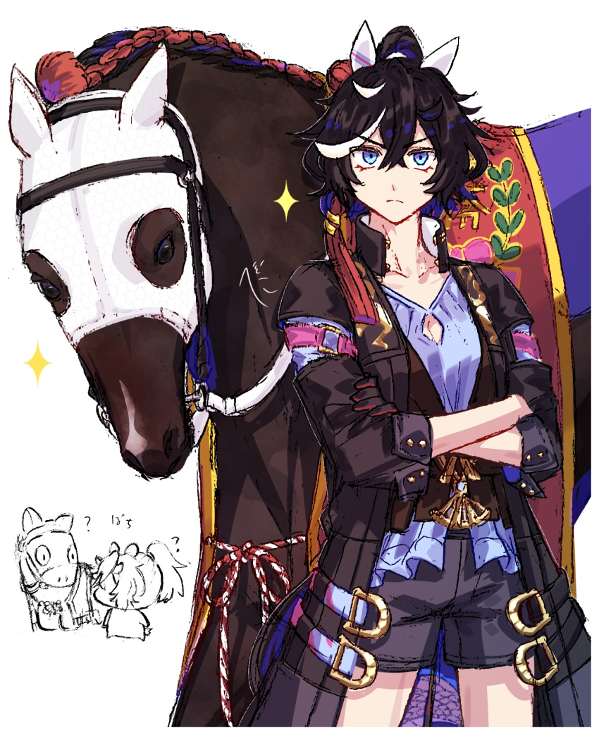 1girl animal_ears black_hair black_shorts blue_eyes blue_shirt bridle button_gap closed_mouth coat commentary_request cowboy_shot creature_and_personification crossed_arms ear_covers garland_(decoration) hair_between_eyes hair_ornament highres horse horse_ears horse_girl horse_tail jagaimobeniko katsuragi_ace_(racehorse) katsuragi_ace_(umamusume) long_sleeves looking_at_viewer multicolored_hair multiple_views open_clothes open_coat reins ribbon shirt shorts simple_background sparkle streaked_hair tail tassel tassel_hair_ornament umamusume white_background white_hair