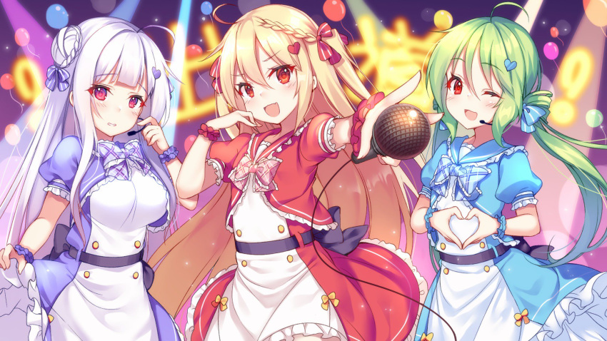 azur_lane balloon blonde_hair braid breasts comet_(azur_lane) commentary_request crescent_(azur_lane) cygnet_(azur_lane) dress green_hair grey_hair hair_bun hair_ornament hairclip headset heart heart_hands hecha_(swy1996228) highres juliet_sleeves long_hair long_sleeves medium_breasts microphone multiple_girls puffy_sleeves red_eyes twintails