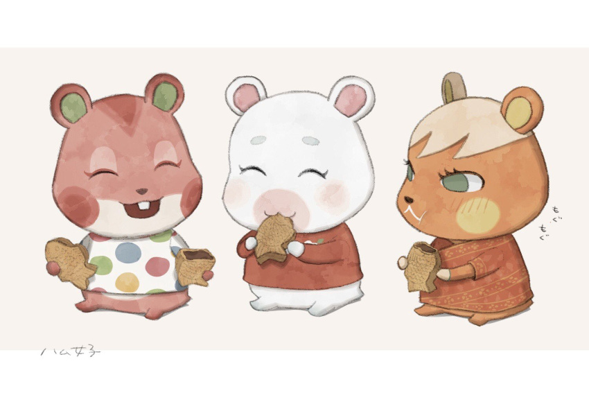 3girls :3 :d :t ^_^ animal_crossing apple_(animal_crossing) blonde_hair blush brown_background bucket closed_eyes closed_mouth commentary_request eating eyelashes flurry_(animal_crossing) food furry furry_female green_eyes hamster_girl hands_up holding holding_food in_bucket in_container kaji_(oni_atat) long_sleeves looking_at_another multiple_girls open_mouth polka_dot polka_dot_shirt red_shirt red_sweater shirt short_sleeves simple_background sitting smile soleil_(animal_crossing) sweater taiyaki teeth two-tone_background upper_teeth_only wagashi white_background white_shirt