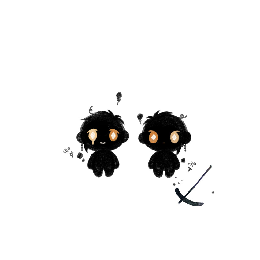 2boys absurdres angry brown_eyes chibi cloud commentary_request crying dangle_earrings earrings floyd_leech full_body grin heterochromia highres jade_leech jewelry li04r male_focus multiple_boys pickaxe sharp_teeth short_hair silhouette simple_background single_earring smile soot teardrop teeth translation_request twisted_wonderland white_background yellow_eyes