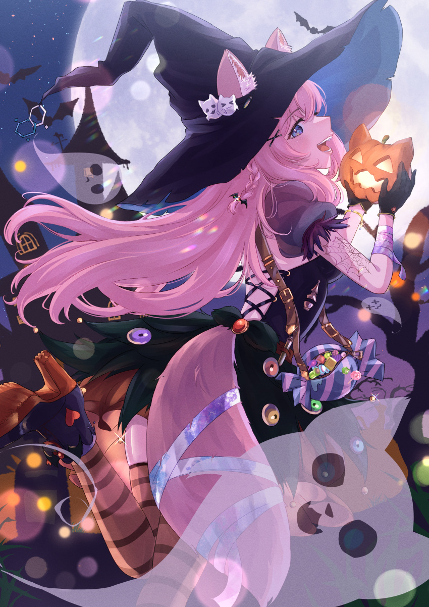 1girl 4kimizuki absurdres animal_ears ankle_boots arm_tattoo bag bandaged_arm bandages black_bustier black_gloves black_headwear black_skirt boots breasts commentary_request cross-laced_clothes detached_sleeves food-themed_bag frilled_shirt frills full_body full_moon ghost gloves hakui_koyori halloween handbag hat high_heel_boots high_heels highres hololive jack-o'-lantern kokoro_(hakui_koyori) layered_skirt long_hair medium_breasts moon orange_skirt orange_thighhighs pink_hair puffy_detached_sleeves puffy_short_sleeves puffy_sleeves purple_eyes shirt short_sleeves sideways_glance skindentation skirt spider_web_tattoo striped_clothes striped_thighhighs tail tattoo thighhighs virtual_youtuber witch witch_hat wolf_ears wolf_girl wolf_tail