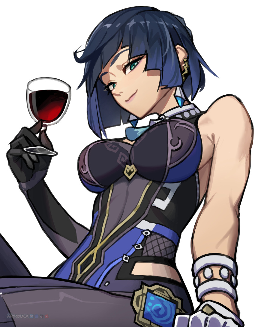 1girl absurdres alcohol asymmetrical_gloves atoroux blue_hair bob_cut breasts cup diagonal_bangs drinking_glass earrings elbow_gloves genshin_impact gloves highres jewelry light_smile mismatched_gloves red_wine single_elbow_glove solo tassel waist_cutout white_background wine wine_glass yelan_(genshin_impact)