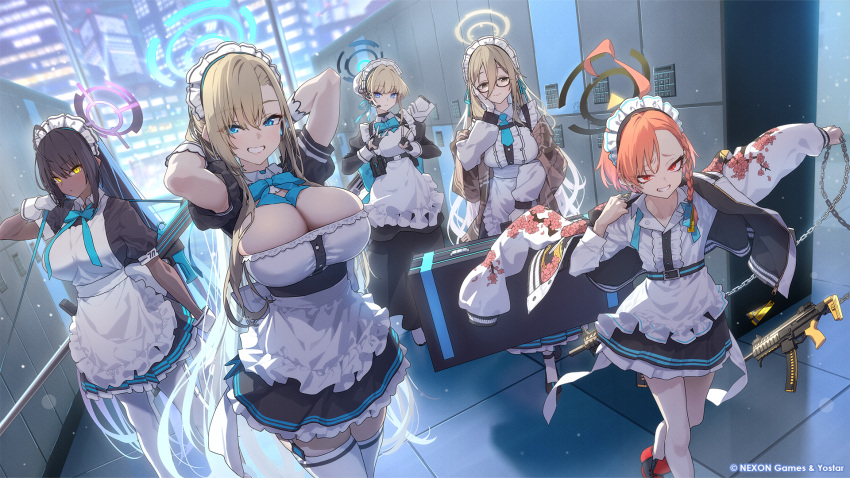 5girls ahoge akane_(blue_archive) apron asuna_(blue_archive) baffu black_dress black_hair blonde_hair blue_archive blue_eyes blue_halo blush braid breasts center_frills cleaning_&amp;_clearing_(blue_archive) cleavage closed_mouth dark-skinned_female dark_skin dress flat_chest frilled_apron frills glasses grin hair_over_one_eye halo highres huge_ahoge jacket karin_(blue_archive) large_breasts light_brown_hair long_hair long_sleeves maid maid_apron maid_headdress medium_breasts multiple_girls neru_(blue_archive) official_art open_clothes open_jacket puffy_short_sleeves puffy_sleeves purple_halo red_eyes red_hair second-party_source short_hair short_sleeves single_braid smile sukajan thighhighs toki_(blue_archive) white_apron white_thighhighs yellow_eyes yellow_halo