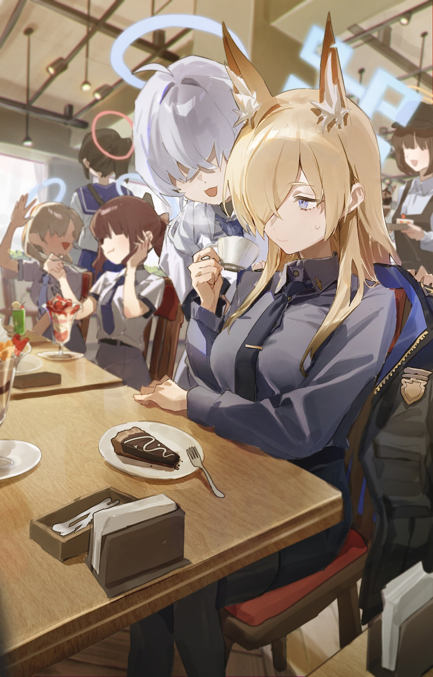 6+girls absurdres animal_ear_fluff animal_ears black_necktie black_pantyhose black_skirt blonde_hair blue_archive blue_eyes blue_halo blue_shirt breasts brown_hair cake cake_slice chair closed_mouth collared_shirt cup flatshi food fork grey_hair hair_over_one_eye halo highres holding holding_cup holding_spoon indoors kanna_(blue_archive) large_breasts long_hair long_sleeves multiple_girls necktie open_mouth pantyhose parfait shirt sitting skirt smile spoon valkyrie_police_academy_student_(blue_archive)