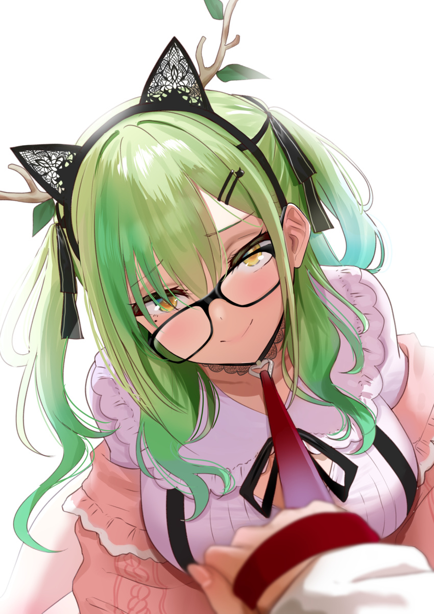 animal_ears black_choker branch breasts cat_ears ceres_fauna choker closed_mouth glasses green_eyes hair_ornament headband highres holding holding_leash hololive hololive_english leaf leash looking_at_viewer mole mole_under_eye official_alternate_costume pov redi_(rasec_asdjh) simple_background smile tree_horns virtual_youtuber white_background yellow_eyes