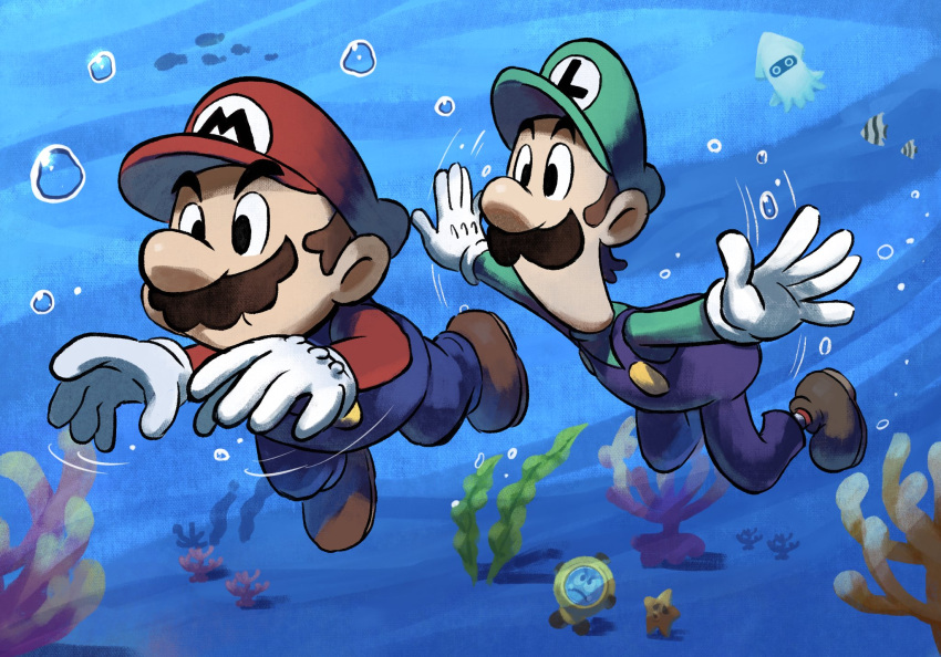 2boys air_bubble blooper_(mario) blue_overalls boots brothers brown_footwear brown_hair bubble coral facial_hair fish gloves green_headwear green_shirt hat highres luigi mario mario_&amp;_luigi_rpg mario_(series) masanori_sato_(style) multiple_boys mustache overalls red_headwear red_shirt shirt short_hair siblings swimming underwater white_gloves ya_mari_6363