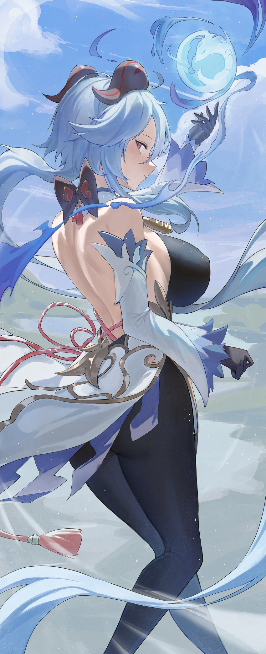 1girl absurdres ahoge arm_up ass backless_leotard backless_outfit bare_shoulders bell black_c_(net_dust) black_gloves black_leotard blue_hair blue_sky bow cloud day detached_sleeves floating_hair ganyu_(genshin_impact) genshin_impact gloves goat_horns highres horns leotard long_hair looking_at_viewer neck_bell orb outdoors purple_eyes sky solo tassel very_long_hair