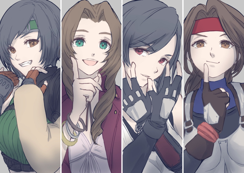 4girls aerith_gainsborough armor bangle bare_shoulders black_bra black_gloves black_hair blue_shirt border bra bracelet breastplate breasts brown_eyes brown_gloves brown_hair choker dress final_fantasy final_fantasy_vii final_fantasy_vii_remake fingerless_gloves gloves green_eyes green_headband green_shirt grey_background grin hands_up headband highres jacket jessie_rasberry jewelry long_hair looking_at_viewer medium_breasts multiple_girls open_mouth parted_bangs parted_lips pink_dress pointing ponytail pulupulupoodle red_eyes red_headband red_jacket ribbon_choker shirt short_hair sidelocks smile smirk sports_bra swept_bangs teeth tifa_lockhart turtleneck underwear upper_body wavy_hair white_border white_shirt yuffie_kisaragi