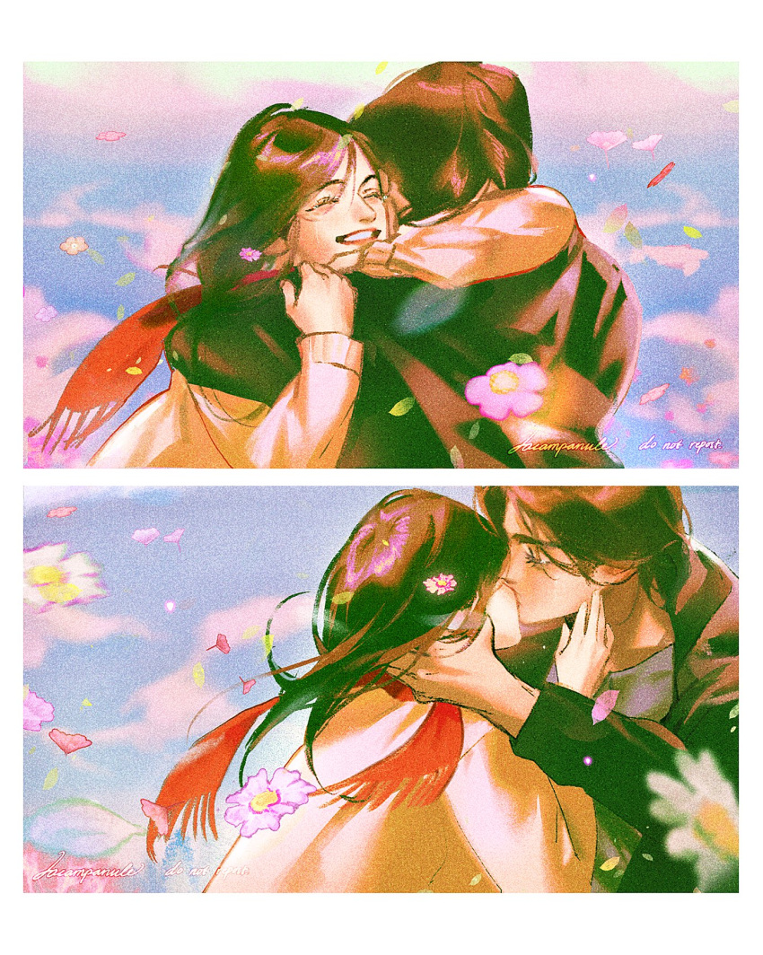 1boy 1girl arms_around_neck black_jacket border cardigan closed_eyes cloud cloudy_sky couple eren_yeager falling_petals flower hair_between_eyes hand_on_another's_cheek hand_on_another's_face hetero highres hug jacket kiss lacampanule long_hair medium_hair mikasa_ackerman outdoors parted_lips petals red_scarf scar scar_on_cheek scar_on_face scarf shingeki_no_kyojin sky smile teeth upper_body white_border white_cardigan white_flower