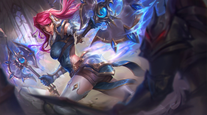 1girl 1other angelina_chernyak armor axe blue_gloves blue_shirt blurry blurry_foreground brown_shorts depth_of_field dual_wielding gloves highres holding holding_axe holding_weapon indoors izanami_(smite) izanami_(smite)_(divine_axe) long_hair looking_at_viewer magic official_alternate_costume orange_eyes pauldrons pink_hair shirt short_shorts shorts shoulder_armor smite solo_focus thighhighs vambraces weapon white_thighhighs