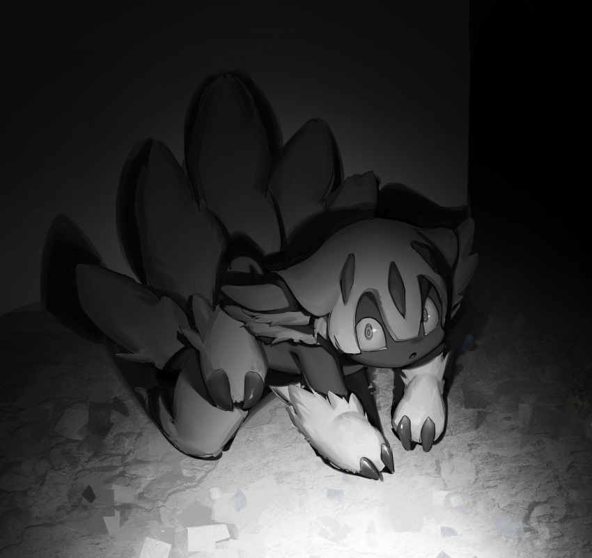 all_fours ambiguous_gender emolga_1 fur glistening glistening_eyes hi_res humanoid looking_at_viewer monochrome multi_tail on_ground open_mouth scared solo tail wide_eyed