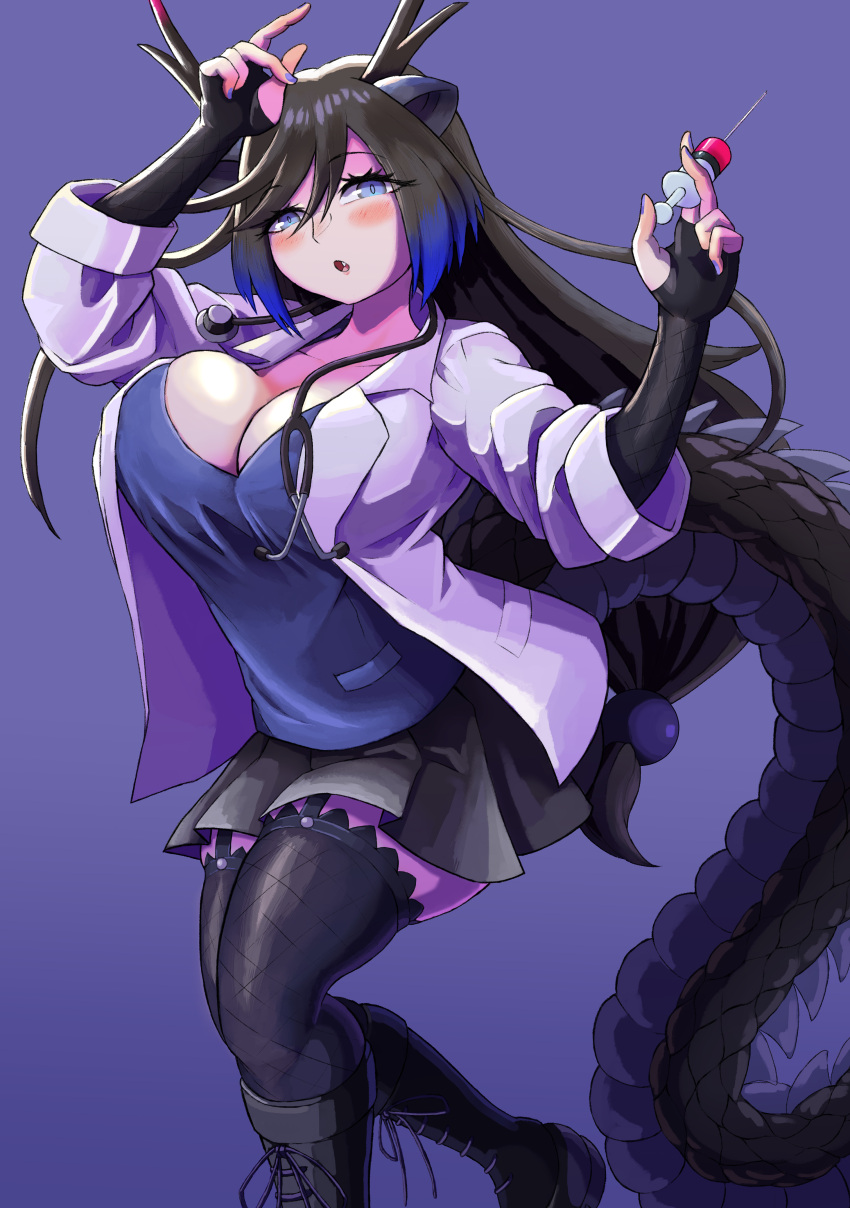 1girl absurdres black_dragon_(kemono_friends) black_gloves black_hair black_thighhighs blue_background blue_eyes blue_shirt breasts ciapolilla cleavage commentary dragon_girl dragon_horns fingerless_gloves gloves highres holding holding_syringe horns jacket kemono_friends kemono_friends_3 large_breasts long_sleeves looking_at_viewer open_mouth shirt simple_background solo syringe thighhighs white_jacket