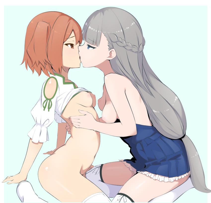 2girls arm_support blue_background blue_dress blue_eyes bottomless braid breasts brown_eyes brown_hair clothes_lift clothes_pull commentary_request dress dress_pull french_braid from_side grey_hair hand_on_another's_back hand_on_another's_chest highres kanne_(sousou_no_frieren) kiss lawine_(sousou_no_frieren) long_hair medium_breasts multiple_girls nipples profile roq shirt shirt_lift simple_background small_breasts sousou_no_frieren thighhighs two_side_up white_shirt white_thighhighs yuri