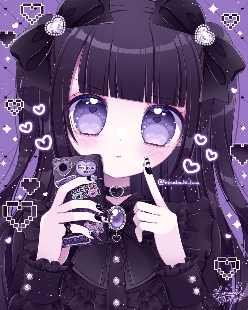 1girl :t black_bow black_choker black_dress black_hair blush bow cellphone choker closed_mouth commentary_request dress frilled_dress frills hair_bow hair_ornament hands_up heart heart_hair_ornament heart_in_eye highres himetsuki_luna holding holding_phone long_hair long_sleeves looking_at_viewer nail_art nail_polish original phone pixelated puffy_long_sleeves puffy_sleeves purple_background purple_eyes simple_background solo symbol_in_eye two_side_up upper_body